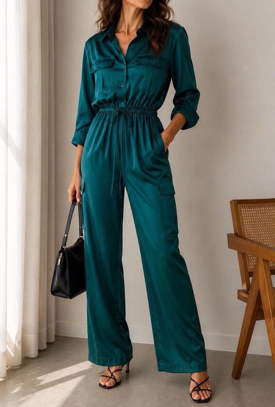 Express Women’s Teal Jumpsuit Sz S Button Fnt Long Sleeve Cargo Pockets Wide Leg